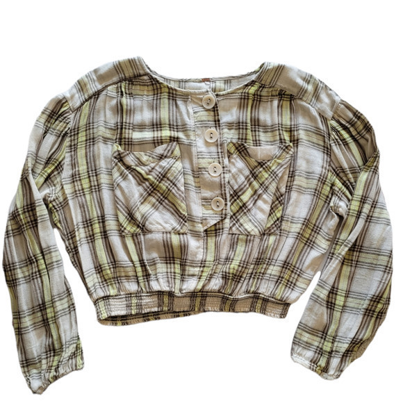 HP Free‎ People Plaid Smocked Waist Puffy Long Sleeves Cropped Top Pockets - Picture 1 of 10